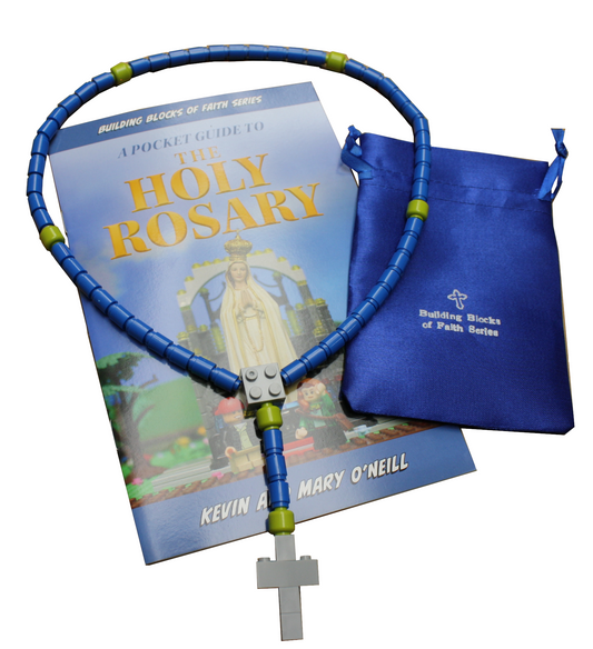 Rosary Guide & Blue Building Block Rosary with Satin Pouch - Bundle Deal