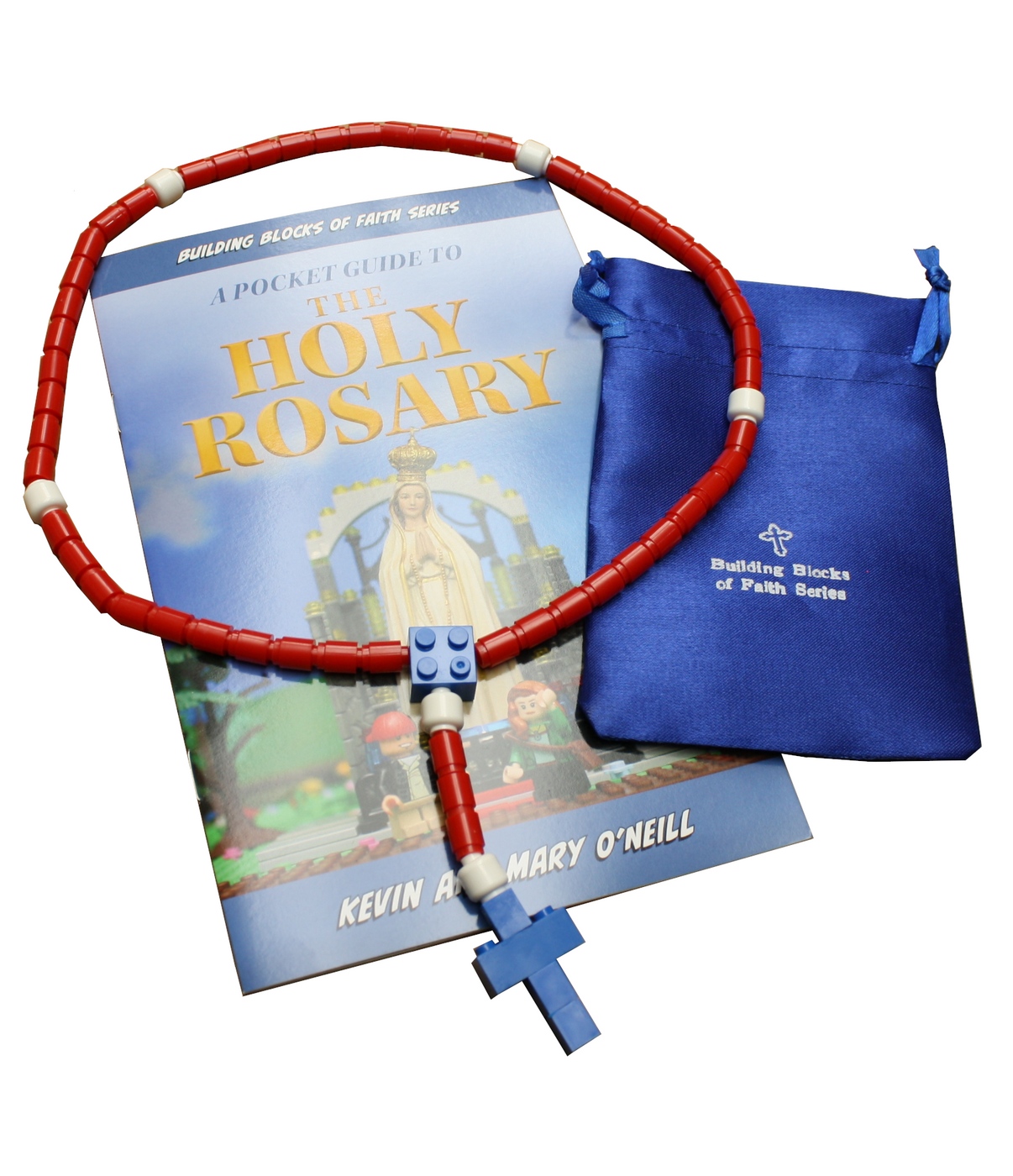 Rosary Guide & Red Building Block Rosary with Satin Pouch Bundle Dea